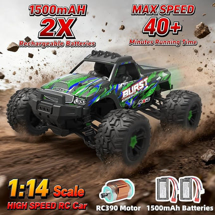 Rc Cars 1:14 All Terrain RC Car for Adults & Boys 4WD Off-Road Remote Control Truck 40+ KM/H High Speed 4X4 Waterproof Remote Control Car with 2 Rechargeable 1500 mAh Batteries 8-12(Green)