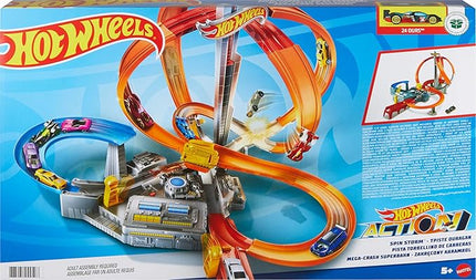 Hot Wheels Track Set Spin Storm, 3 Intersections for Crashing & Motorized Booster, 1:64 Scale Toy Car (Amazon Exclusive)