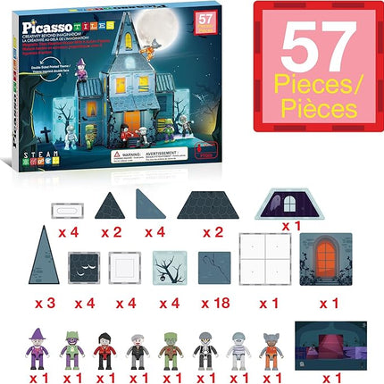 PicassoTiles Haunted House Theme Magnet Tile Building Blocks 8 Action Figures Magnetic Construction Toy Double Sided Printing Education STEM Learning Playset Halloween Adventure Kid Ages 3+ PTQ03