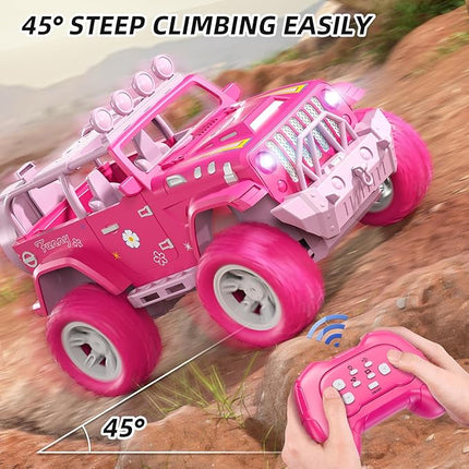 Pink Remote Control Car for Girls 4-7, 2.4GHz Off-Road RC Jeep with Spray, Climbing Toy for Girls Aged 3-4 5-6 7-8 9-10, Remote Control Vehicle Gift for Birthday Christmas Toys