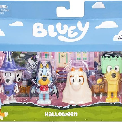Bluey Figure 4-Packs, Halloween, 2.5" Poseable, Bingo, Chloe & Lucky Dressed in Halloween Costumes, with Accessories, Kids Can Recreate Their Favorite Moments
