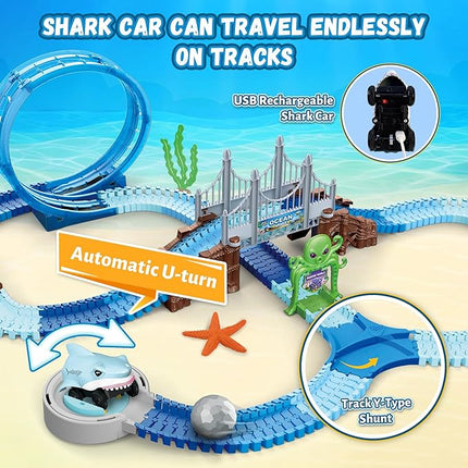 VATOS Shark Track Toys - 219 Pcs Flexible Race Track Set with 360° Loops, Electric Shark Car & Auto-Rotating, Create a Shark Theme Road Race, STEM Toy Birthday for Boys Girls Ages 3-8