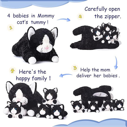 IKASA Mommy Cat Stuffed Animal Mom and Baby Plush Toy,Cute 16" Soft Cuddly Huggable Toys with Little Mini Babies Kitten,Gifts for Kids Girls Boys