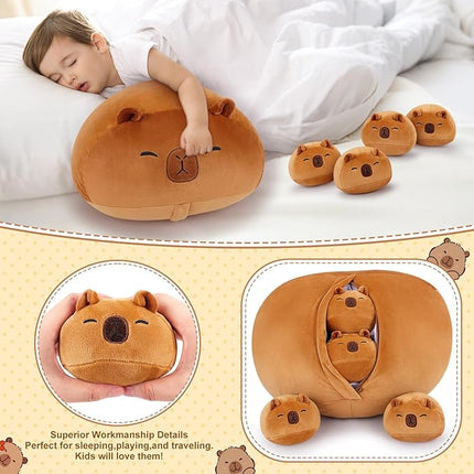 5 PCS Capybara Plush Stuffed Animal Family-19" Large Round Capybara Plush, Large Mommy Plushies with 4 Baby Plushie Toy for Kids, Kawaii Body Pillow Christmas Birthday Gifts for Kids Boys Girls