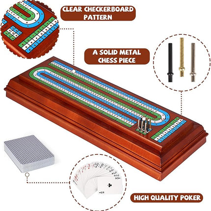Wooden Cribbage Board Game Set with Large Storage Area, Solid Wood 3 Track Cribbage Board, 9 Metal Pegs, 2 Playing Cards and Instruction. Travel Family Game Night Travel Cribbage Sets for All Ages
