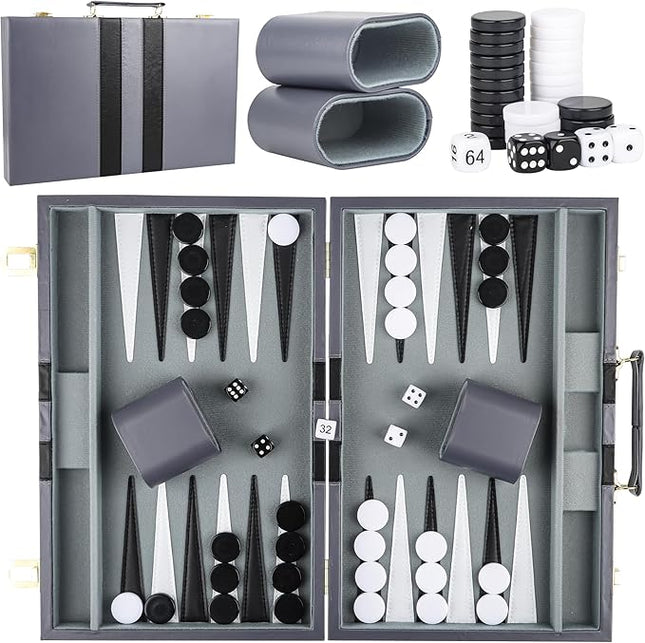 Froggod 15 inch Backgammon Sets for Adults - Classic Board Game for Adults - Portable Travel Backgammon Set for 2 Players - Perfect Adult Board Games for Gifts & Family Fun(Gray)