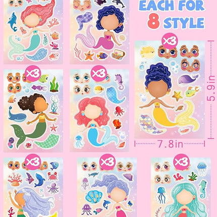 24 Pcs Make Your Own Mermaid Sticker Sheets for Kids with Mermaid Face Stickers for Toddlers Girls Crafts Activities Gift Bag Stuffers Birthday Party Valentines Day Gifts for Kids Classroom