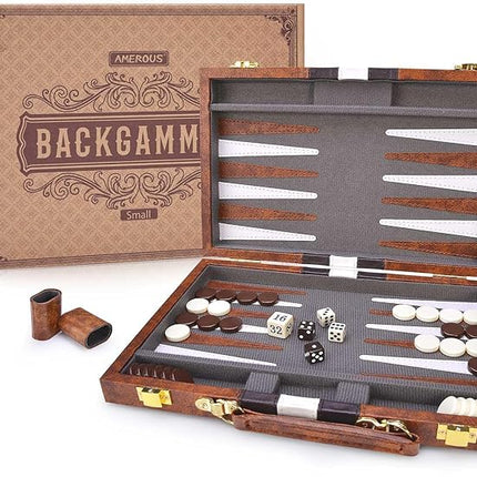 AMEROUS Backgammon Set, 11 Inches Classic Board Game withLeather Case, Folding Board, Gift Package, Portable Travel Strategy Backgammon Game Set for Adults, Kids (Small, Brown)