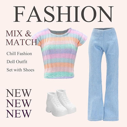 15 Pirces 11.5 Inch Girl Doll Clothes & Accessories Including 5 Colorful T-Shirt, 5 Denim Pants Jeans, 5 Pairs of Sneakers for Girl Dolls Casual Outfit Accessories