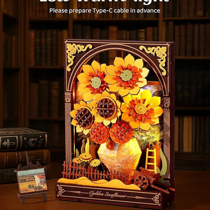 Wowood 3D Wooden Puzzles for Adults - Van Gogh Golden Sunflower DIY Model Building Kits with LED Light - Home Decor, Wall Art & Unique Creative Gifts for Art Lovers