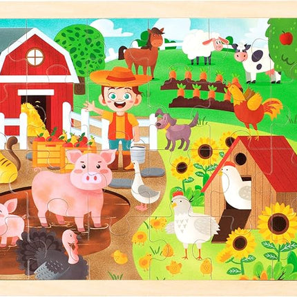 SYNARRY 24 Pieces Puzzles for Kids Ages 3-5, Farm Wooden Jigsaw Puzzles with Storage Tray, Educational Preschool Puzzles Toys Set for Toddler, Easter Basket Stuffers Valentines Day Gifts for Kids