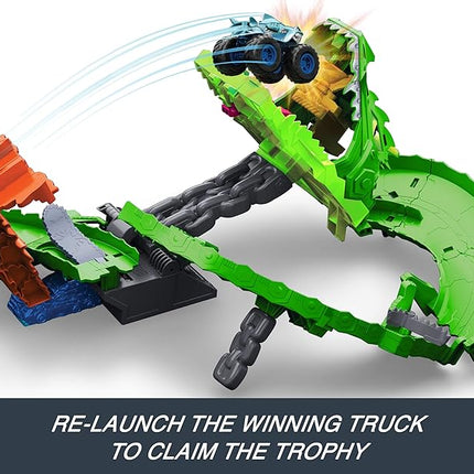 Hot Wheels Toy Monster Trucks, Sharks vs. Dinos Dragon Destruction Playset with 1:64 Scale Great Bite & Rageasaur, Race to Defeat The Cyborg Nemesis