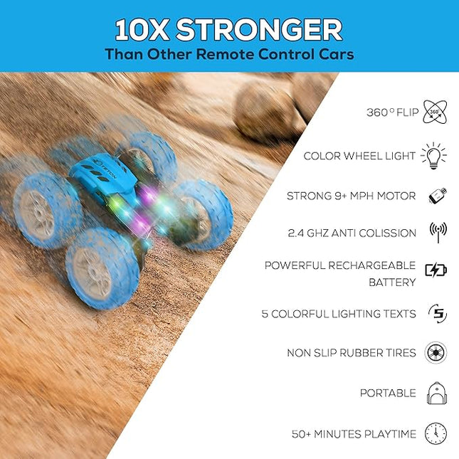 RC Stunt Car Double Sided roll,360°Rotation Remote Control Car-Colourful Light wheels,All Terrain Monster rc crawler 4WD,Rechargeable toy for 6-12 Year Old Boys Girls Birthday Gift (blue)