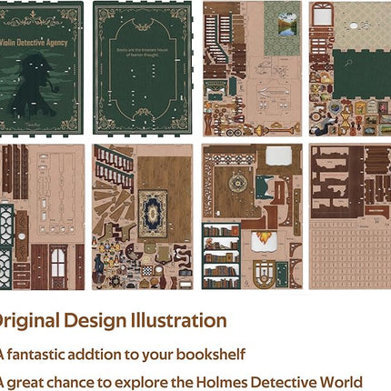 Tonecheer DIY Book Nook Kit for Adults, Wooden 3D Puzzle Bookend Bookshelf Insert Decor, Detective Booknook Miniature House Kit with Dust Cover and Body Motion Sensor LED (Violin Detective Agency)