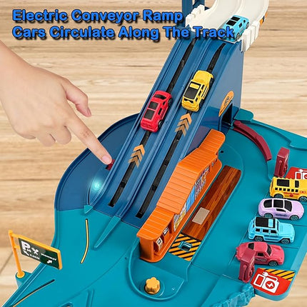 Toy Car Ramp Track, Climbing Hills Railcar Colorful Vehicles Construction Play Set with 12 Mini Racer Cars for Kids 3+(City)