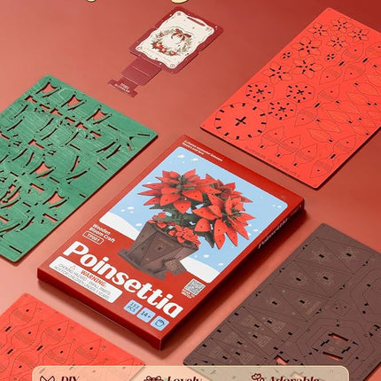 3D Flower Wooden Puzzles for Adults-Poinsettia, DIY Wooden Flowers Model Kit Building Set Crafts for Adults to Build, Botanical Collection/Ideal Creative Gift Ideas/Housewarming (153PCS)