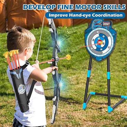 Kids LED Standing Archery Set with Bow & Arrows – Outdoor Sports Toy Gift for Boys & Girls Ages 4-12, Safe & Fun Target Practice Game, Blue
