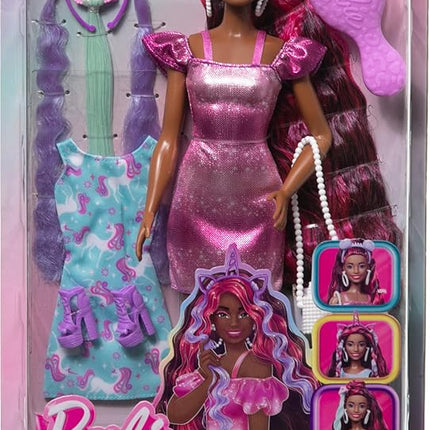 Barbie Fun & Fancy Set, Fashion Doll with Extra-Long Color-Streaked Black Hair, Clothes & Styling Accessories