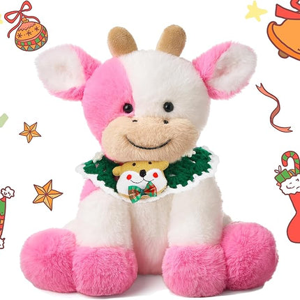 Hopearl Adorable Christmas Plush Cow Toy Floppy Dairy Cattle Soft Stuffed Animal Cute Xmas Gifts for Boys Girls Kids Toddlers, Pink, 9''