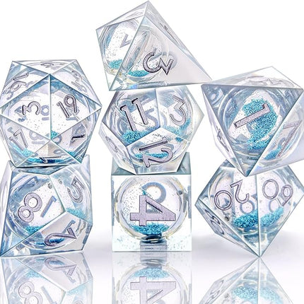 AUSTOR 7-Die DND Dice Set Sharp Edge Resin Dice Handmade Polyhedral Dice for Dungeons and Dragons RPG MTG Table Games（Liquid Quicksand, Light Blue
