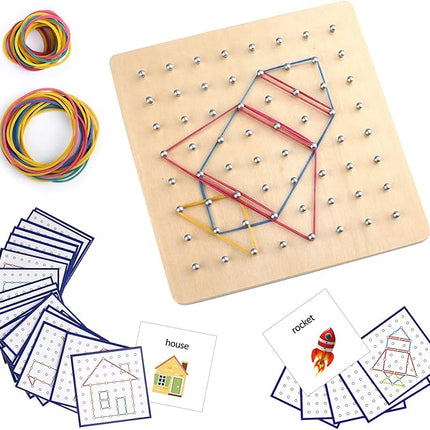 Thoth Montessori Wooden Geoboard Mathematical Manipulative Material Array Block Geo board with 36Pcs Pattern Cards and Rubber Bands Matrix 8x8 for Kids Graphical Educational Toys Early Development Toy