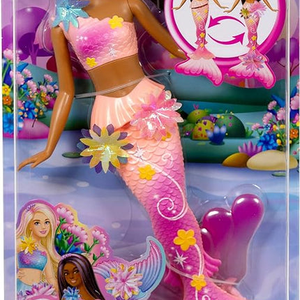 Barbie Mermaid Toy Dolls with Surprise Magic Blooming Flowers Feature, Ombre Tails, Pearl Headband Accessory & Long Brown Hair with Purple Highlights