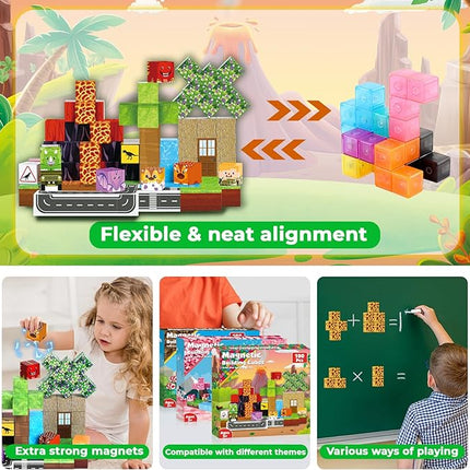 Goody King Dinosaur Volcano Magnetic Block World |100PCS Dinosaur Magnetic Block Cubes,STEM Montessori Sensory Toys for Toddlers Kids Boys Girls Ages 3-5 6-8 Christmas Birthday Gifts