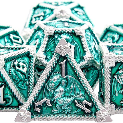 AUSTOR 7-Die Metal DND Dice Set Dungeons and Dragons Polyhedral Roll Playing Dice with Box D20 D12 D10 D% D8 D6 D4 for Pathfinder MTG RPG Board Games