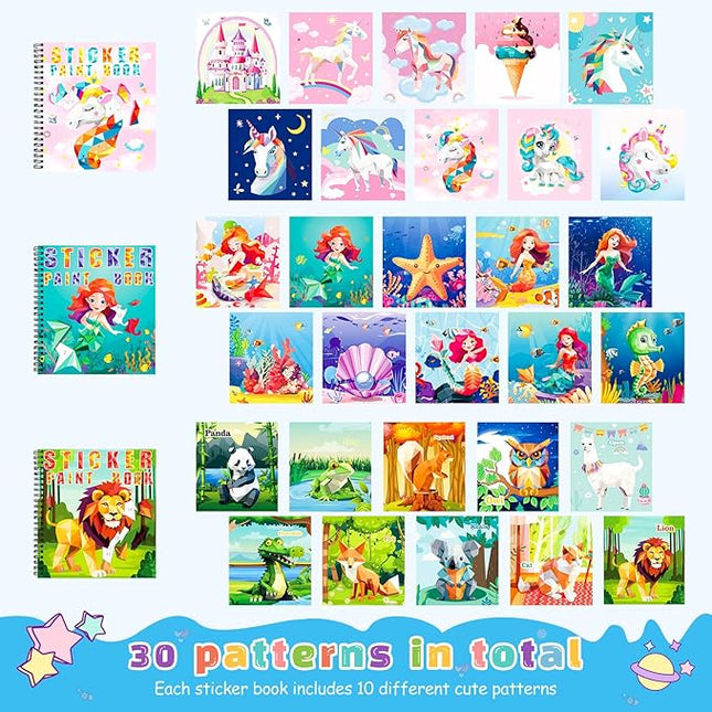 homicozy 3PCS Sticker Paint Books for Kids Ages 4-10,Unicorn Mermaid Animals Designs Paint by Stickers,Sticker by Numbers,Party Birthday Gifts for Girls 4-10,Create 30 Pictures One Stickers at A Time