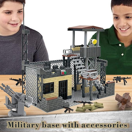 ZHX Military Base Building Block Sets - 550pcs, War Defence Base with Guard Tower, Prison and Air Defence Gun, WW2 Army Military Weapon Pack Accessories Kits Brick Toy for Kids