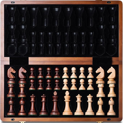 A&A 15" Magnetic Wooden Chess Set, Handmade 3" King Height Knight Staunton Chess Pieces with 2 Extra Queen, Folding Portable Travel Game Set