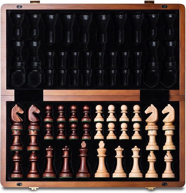 A&A 15" Magnetic Wooden Chess Set, Handmade 3" King Height Knight Staunton Chess Pieces with 2 Extra Queen, Folding Portable Travel Game Set