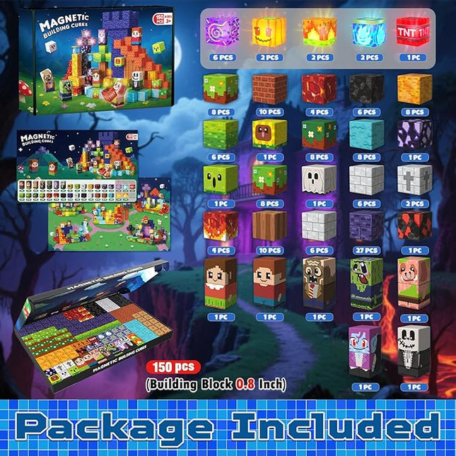 Goody King 150pcs Magnetic Blocks with Light Blocks, Stem Educational Magnet Toys for Kids Ages 3+, Montessori Magnetic Cubes Halloween Gifts, Creative Construction Building Cubes Set for Boys Girls