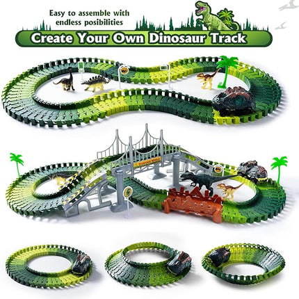 218 PCS Race Tracks Dinosaur Toys for Kids 3-5, Glow in The Dark Magic Toy Set, 2 Dinosaur Cars Track, Flexible DIY Track Set, Birthday Gift for Age 3-9 Boys Toddler Girls