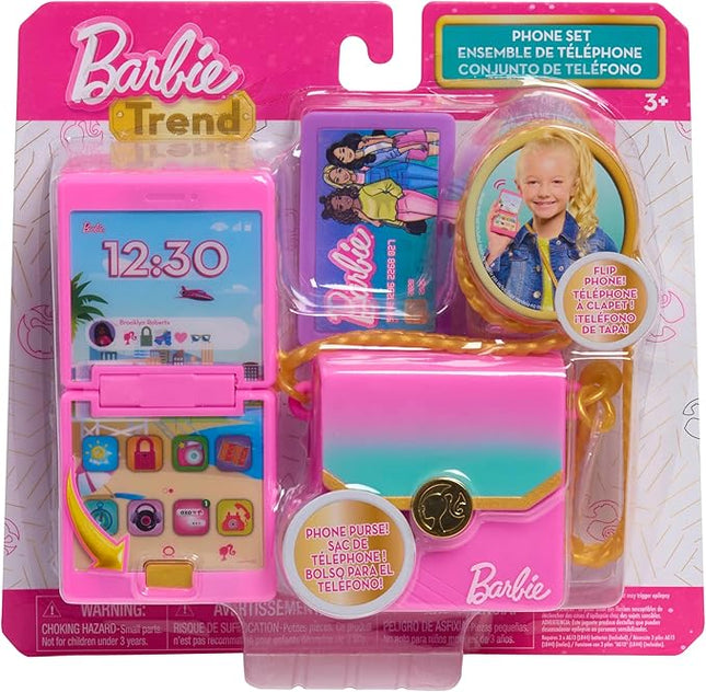 Barbie Trend Lights and Sounds Phone Set, 4-Pieces, Interactive Toy Phone, Toy Purse, Dress Up and Pretend Play, Kids Toys for Ages 3 Up by Just Play