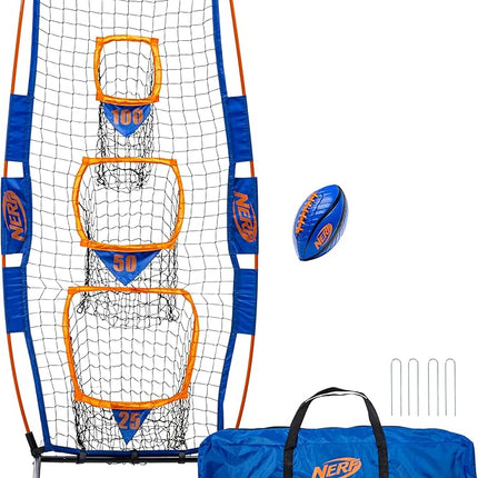 NERF Pro Pass Football Target Toss Net - Kids Football Passing Game Set - 5' x 2' Target Net with Ground Stakes + (1) Junior 8.5" Inch Ball Included - Indoor + Outdoor Youth Game