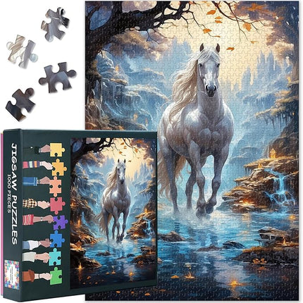 Jigsaw Puzzle 1000 Piece for Adults, White Horse in Enchanted Forest, Majestic Nature Scene with Vibrant Art, Premium Adult Puzzles 1000 Pieces (27.5x19.7 in)