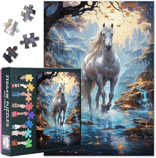 Jigsaw Puzzle 1000 Piece for Adults, White Horse in Enchanted Forest, Majestic Nature Scene with Vibrant Art, Premium Adult Puzzles 1000 Pieces (27.5x19.7 in)