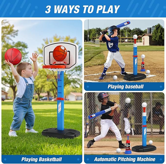 2 in 1 Kids Basketball Hoop and T Ball Set - Adjustable Height, Kids Baseball Tee with Automatic Pitching Machine, Indoor Outdoor Sport Toys Gifts for Toddler Boys Girls Age 1-5, Blue