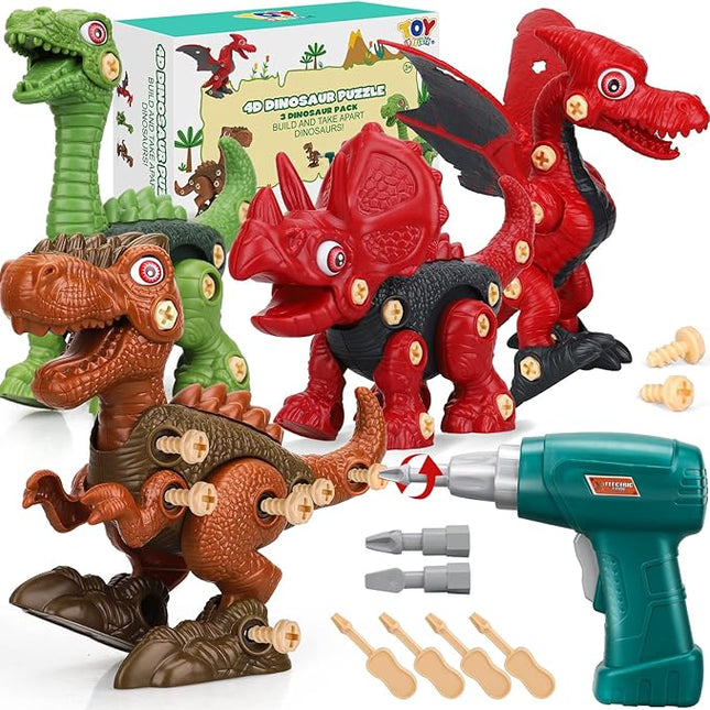 TOY Life 4 Pack Take Apart Dinosaur Stem Toys for Kids 3 5 7 8 12 Year Old Educational Building Constrution Toddler Toy Drill for Boys Gift Preschool Learning Dinosaur Games Toys for Kids Tool Set