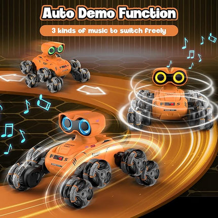 Robot Toy, 8 Wheels Stunt Robot Toys with 2.4Ghz, Auto-Demonstration, 360° Rotation, LED Eyes，Easy Kid-Friendly Controls for Indoor/Outdoor Play, Gifts and Toys for Kids Aged 8-13, Orange