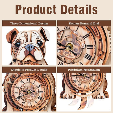 3D Wooden Puzzles for Adults Bulldog Clock - Model Building Kit ‌‌Wall Clock Puzzle Creative Craft Gift Home Deco for DIY Enthusiasts, Brain Teaser Building Set Birthday Gifts