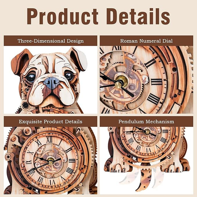 3D Wooden Puzzles for Adults Bulldog Clock - Model Building Kit ‌‌Wall Clock Puzzle Creative Craft Gift Home Deco for DIY Enthusiasts, Brain Teaser Building Set Birthday Gifts