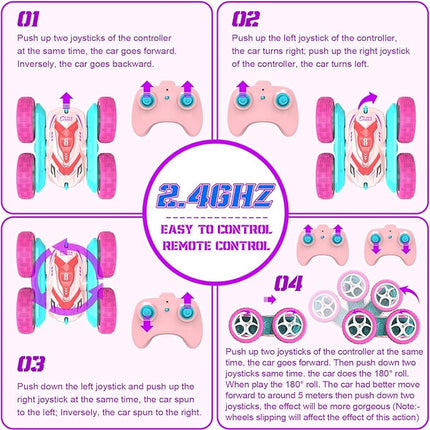 RC Stunt Cars, Remote Control Car Double Sided 360° Flip Rotating 4WD 2.4Ghz Rechargeable Car Toy with Headlights For Outdoor & Indoor for 6-12 years old Kids Girls Boys Birthday Xmas Gift, Pink