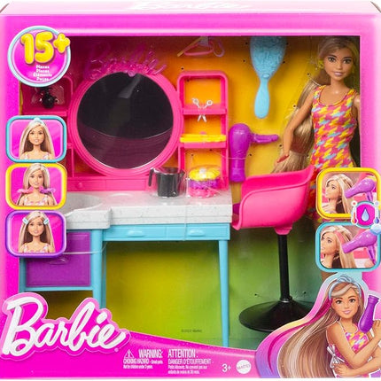 Barbie Doll & Hair Salon Playset with 15 Styling Accessories & Furniture, Long Color-Change Hair & Printed Dress