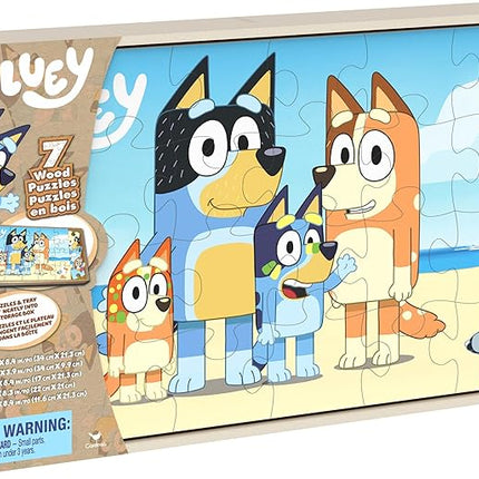 Spin Master Games, Bluey Puzzles 7-Pack, Wooden Jigsaw Puzzles for Preschoolers, 12, 16, & 24 Pieces, Storage Tray, Bluey Toys, for Ages 4 & Up