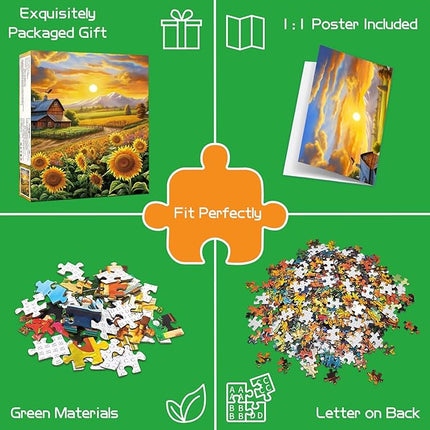 Puzzles for Adults 1000 Pieces, Fall Sunflower Puzzle, Challenging Impossible Puzzles – Perfectly Interlocking, No Dust – Home Decoration & Gift for Valentine Friends Parents Kids