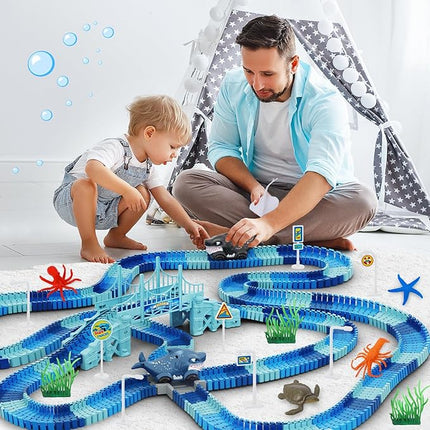 Track Race Car Toys for Kids, Create A Ocean World Race Road, Flexible Tracks Playset & 2PCS Cool Shark Cars, Toddler Toys Birthday Gifts for Age 3 4 5 6 Year Old Boys Girls