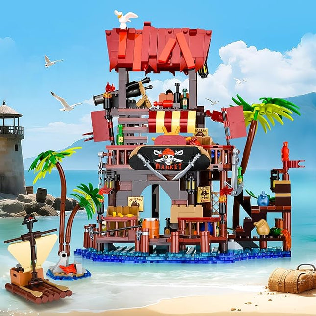 Pirate Ship Wharf Market Building Set,Medieval Pirate House Architecture Building Block Toy,Construction Model for Home Decor,Ideal Gift for Adults Teens Boys 8+