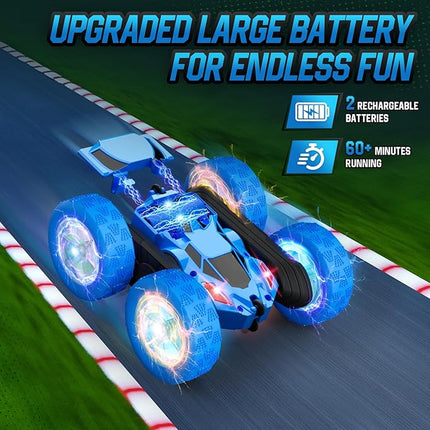 Remote Control Car for Boys 6-12 Year Old Double Sided 360°Rotating 4WD Rechargeable RC Cars Race Stunt Toy Car for Kids Birthday-Blue